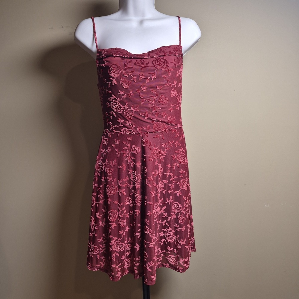 Rewind Burgundy Burnout Velvet Rose Mesh Mini Dress XS Cowl Neck Tie Back Floral